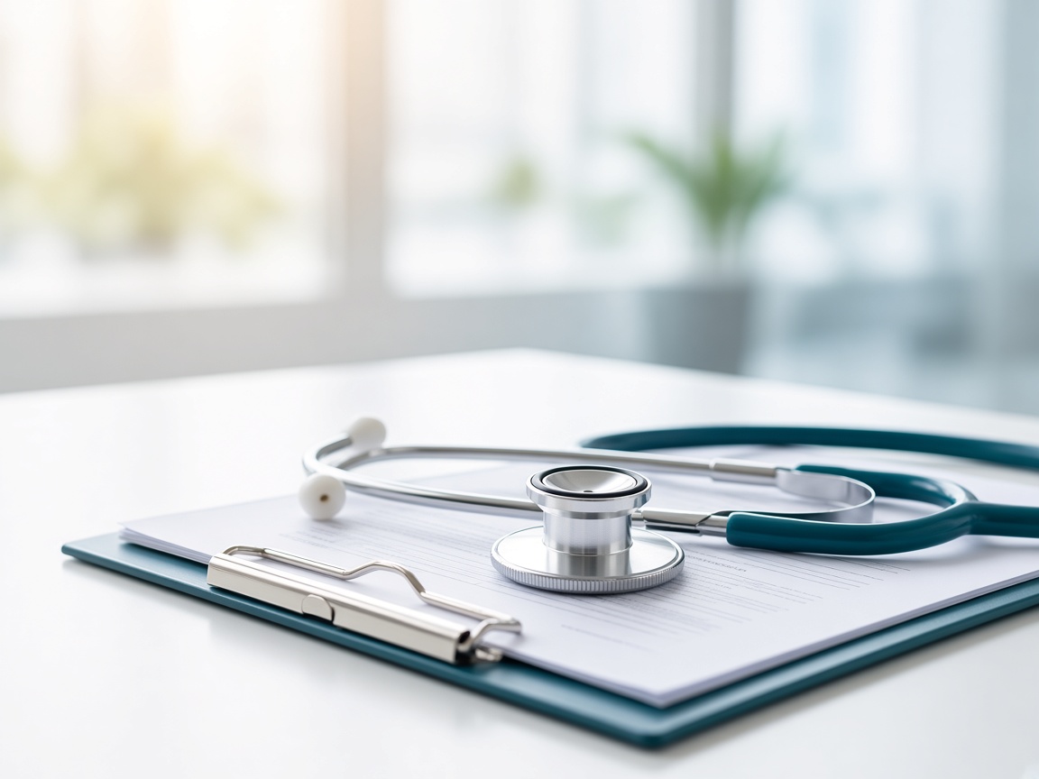 Stethoscope resting on clinical paperwork used for HCC coding review