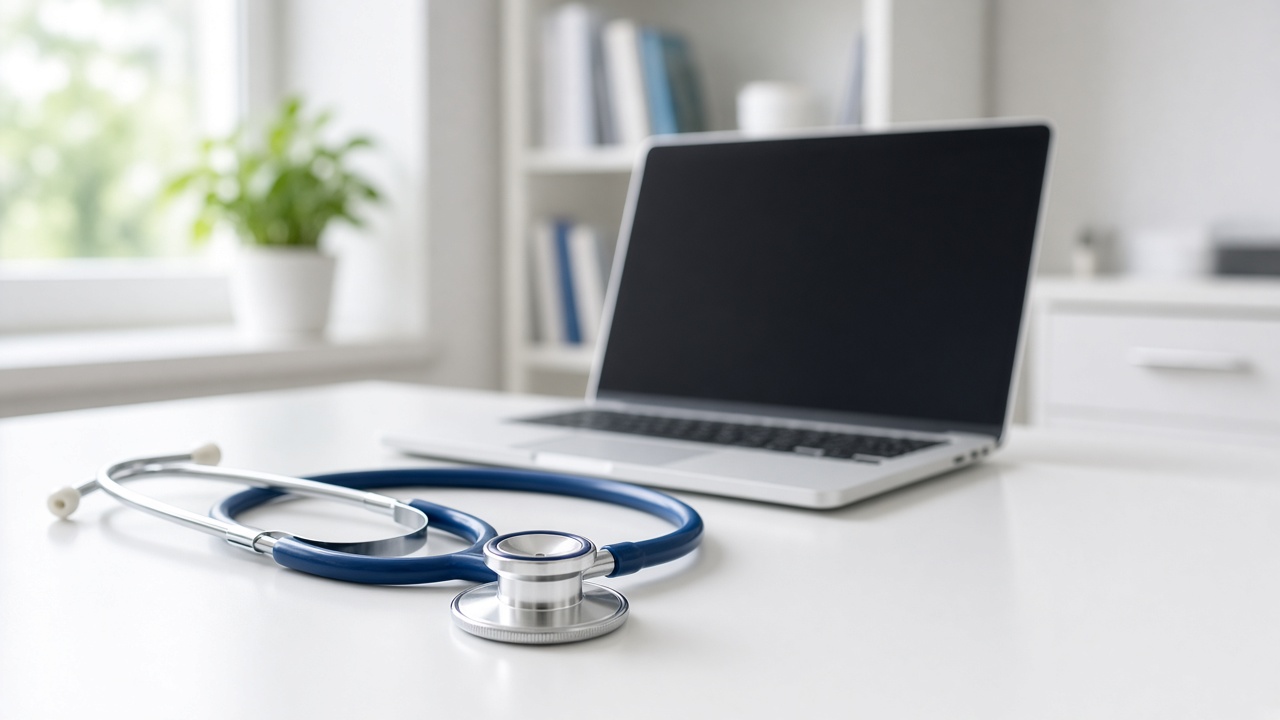 Laptop and stethoscope on a clinical desk