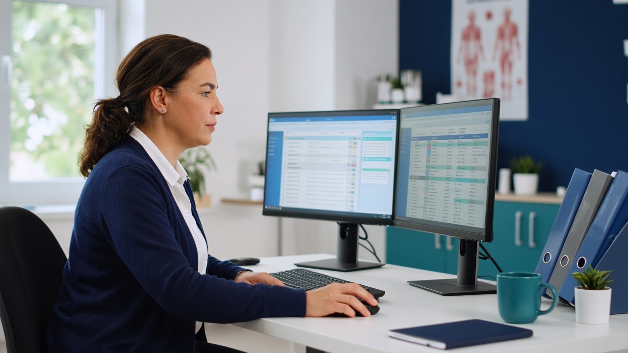 Healthcare quality specialist reviewing clinical documentation on dual monitors